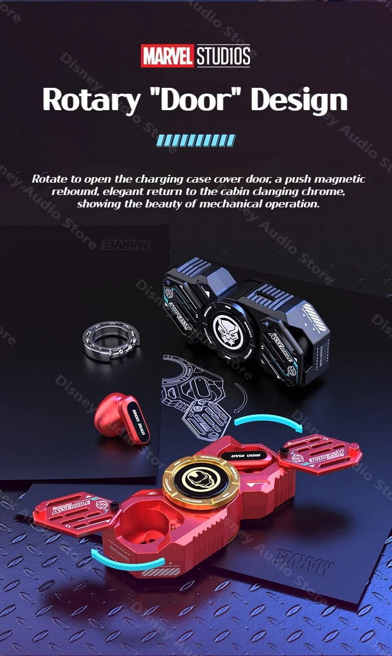 Écouteurs sans fil TWS Bluetooth 5.4 Marvel Iron Man Captain America Fidget Spinner, écouteurs sans fil à rabat magnétique Mecha en alliage de zinc