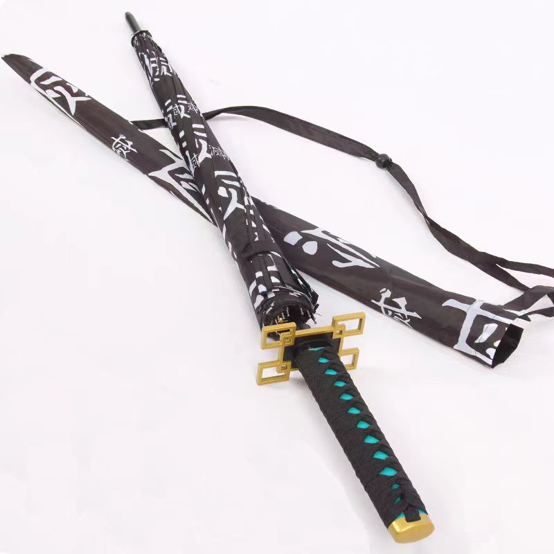 Demon Slayer Tanjiro Zenitsu Shinobu Katana Sword Handle Umbrella, Anime Pattern Windproof Straight Rain Sun Umbrella