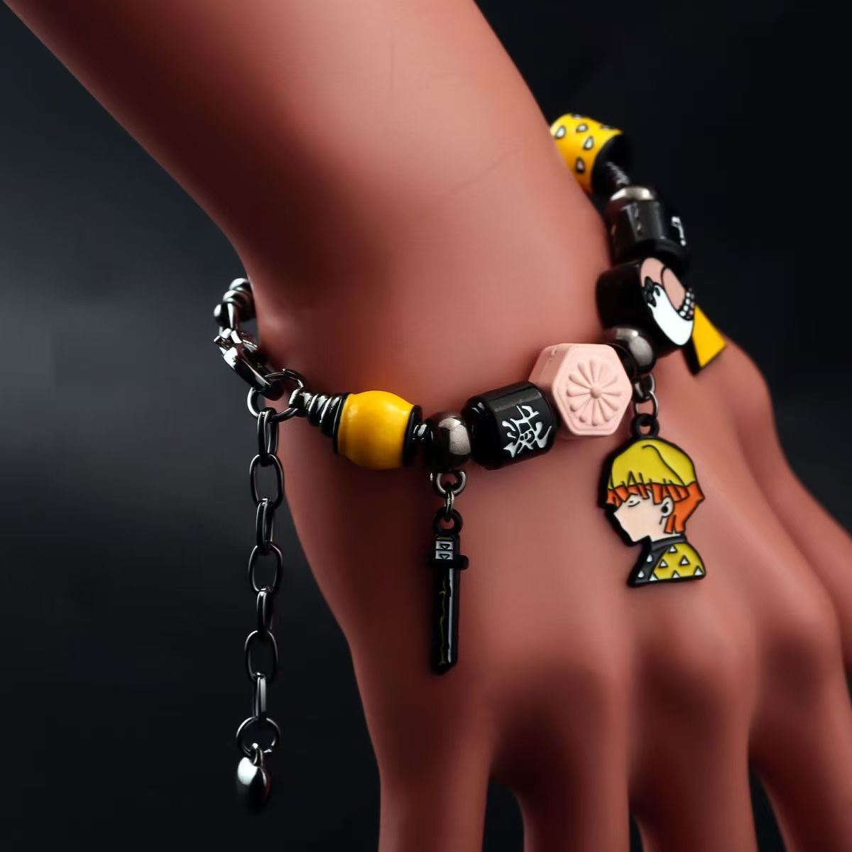 Demon Slayer Kamado Tanjiro Beaded Charm Bracelet, Adjustable Anime Chain