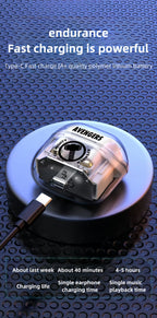 Marvel Iron Man Captain America TWS Wireless Gaming Earbuds, Transparent Case Bluetooth 5.3 Low Latency Headphones