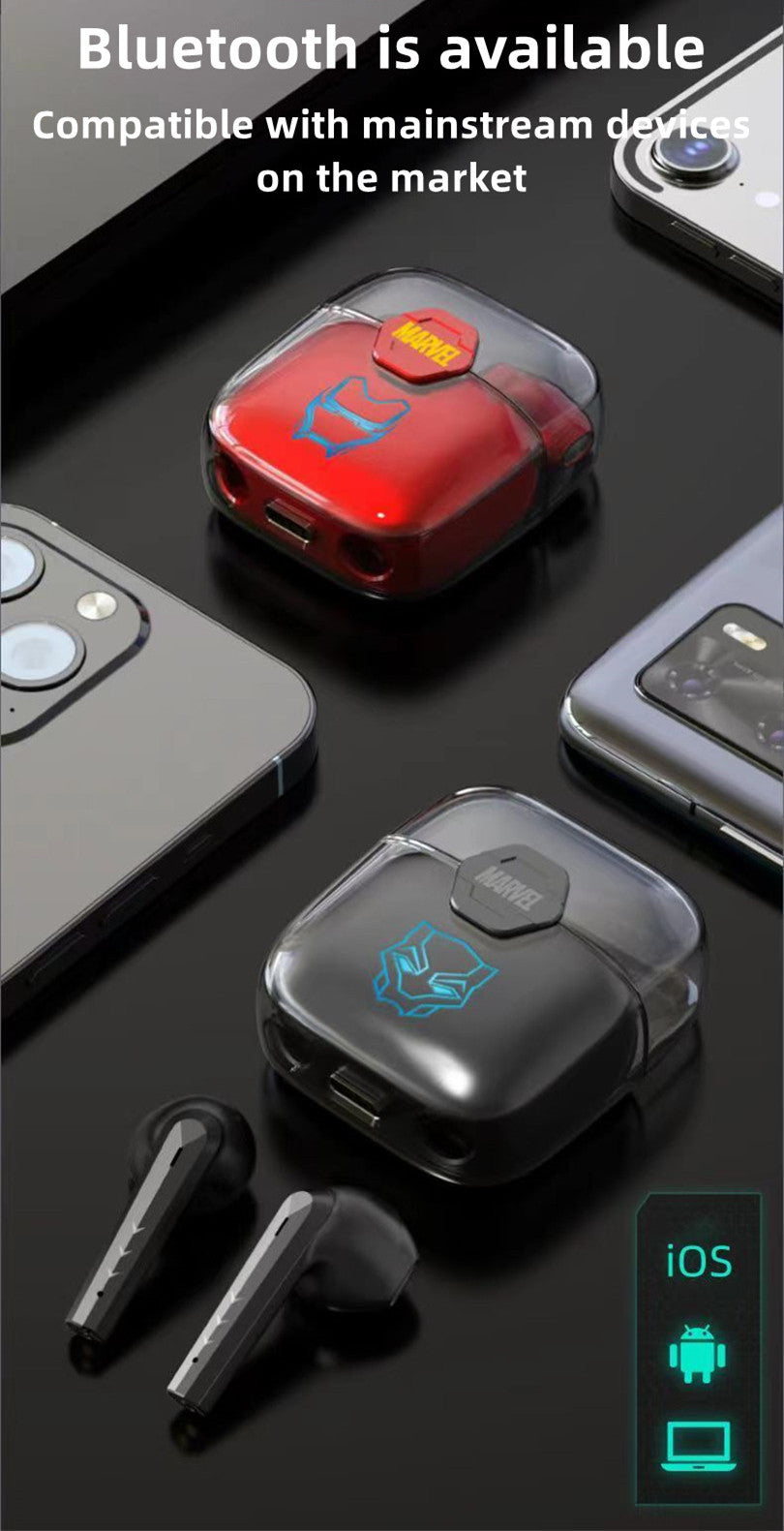 Marvel Iron Man Black Panther Wireless Earbuds, Marvel TWS Bluetooth 5.1 Headphones with LED Light