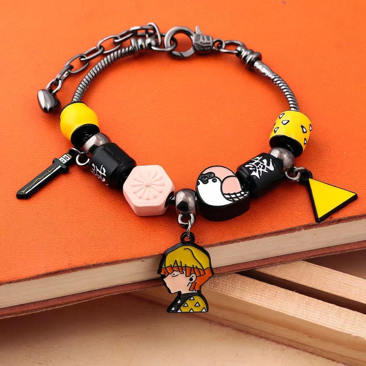 Demon Slayer Kamado Tanjiro Beaded Charm Bracelet, Adjustable Anime Chain