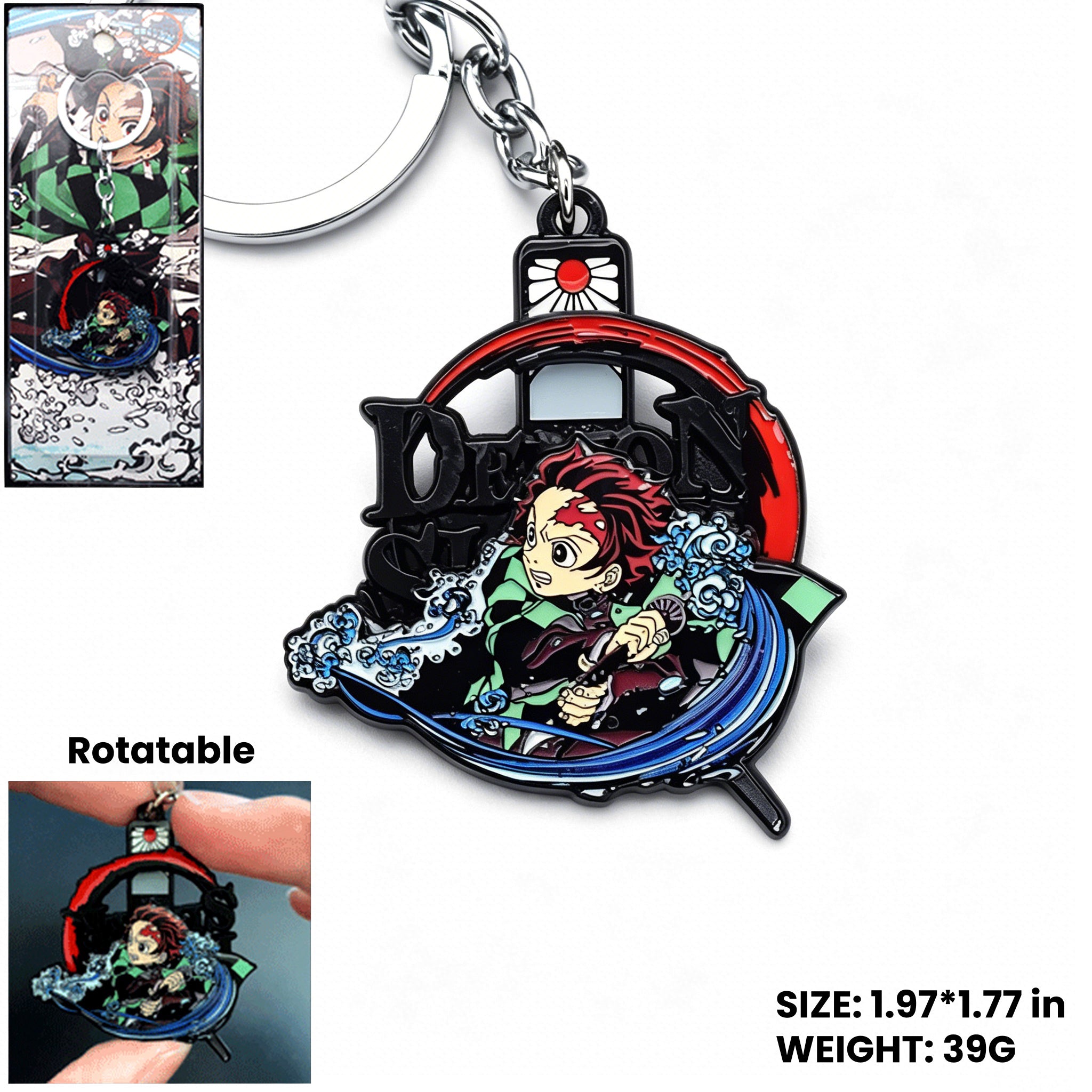Demon Slayer Kamado Tanjiro Rotatable Keychain & Necklace, Anime Metal Pendant Jewelry Set