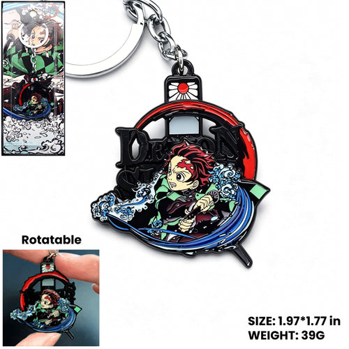 Demon Slayer Kamado Tanjiro Rotatable Keychain & Necklace, Anime Metal Pendant Jewelry Set