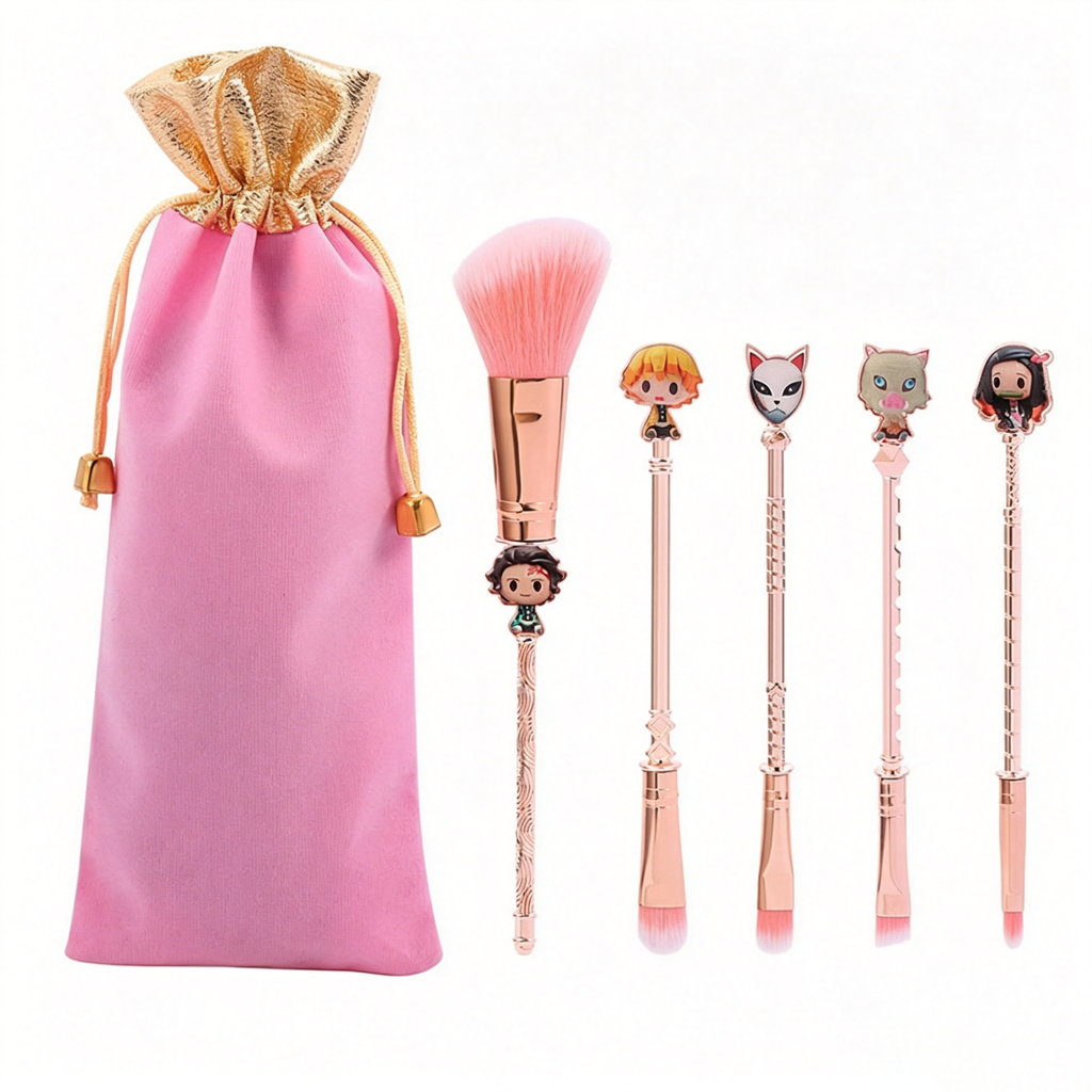Demon Slayer Tanjiro Nezuko 5 Pcs Trousse de pinceaux de maquillage Anime, brosses cosmétiques or rose avec pochette de rangement