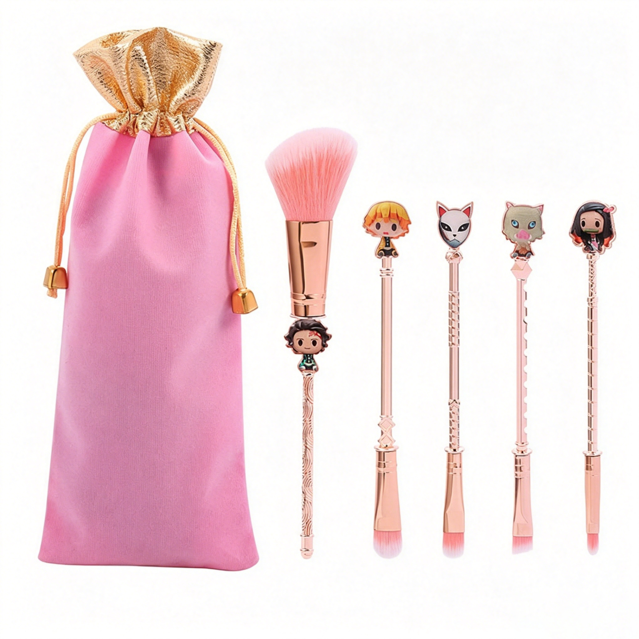 Demon Slayer Tanjiro Nezuko 5 Pcs Trousse de pinceaux de maquillage Anime, brosses cosmétiques or rose avec pochette de rangement