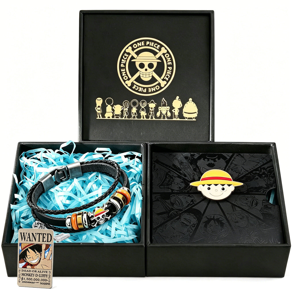 One Piece Monkey D. Luffy Ensemble de Bijoux 3 Pièces, Collier Affiche de Recherche + Bracelet Chapeau de Paille + Pin's Émaillé, Pack d'Accessoires de Collection Anime