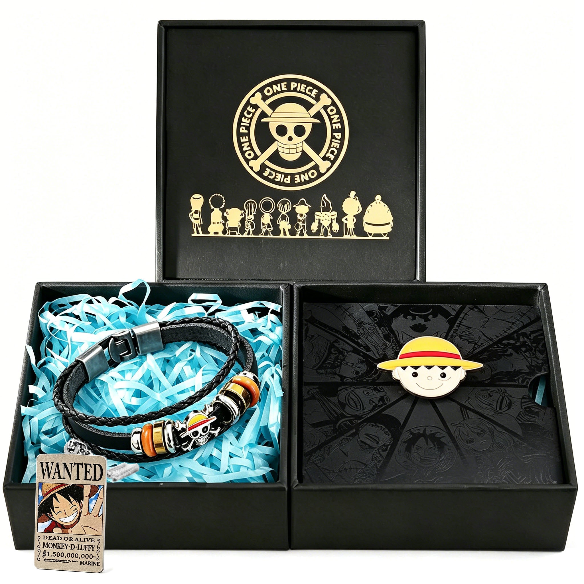 One Piece Monkey D. Luffy 3PCS Jewelry Set, Wanted Poster Necklace + Straw Hat Bracelet + Enamel Pin, Anime Collectible Accessory Bundle