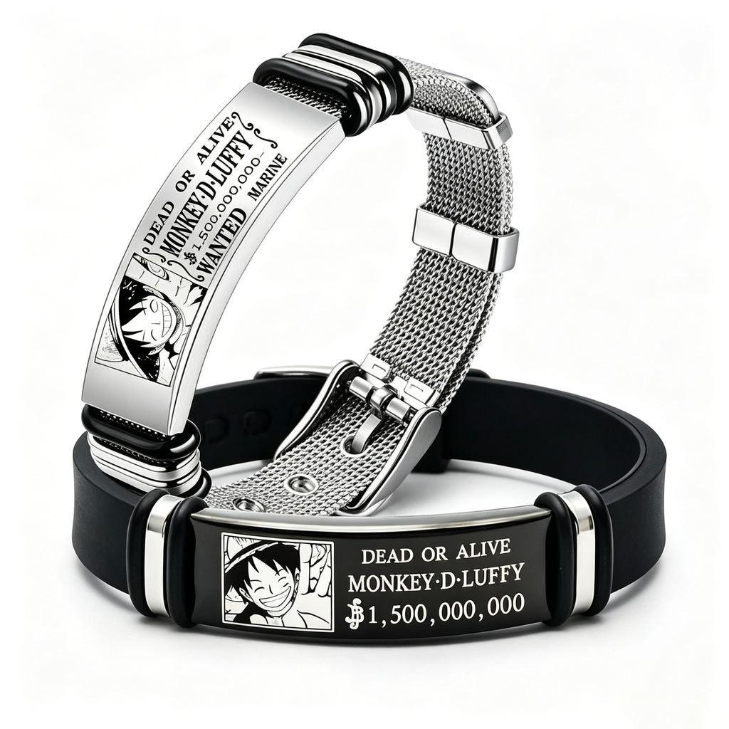 One Piece Luffy Wanted Bounty Bracelet, Monkey D Luffy Anime Stainless Steel Silicone Wristband