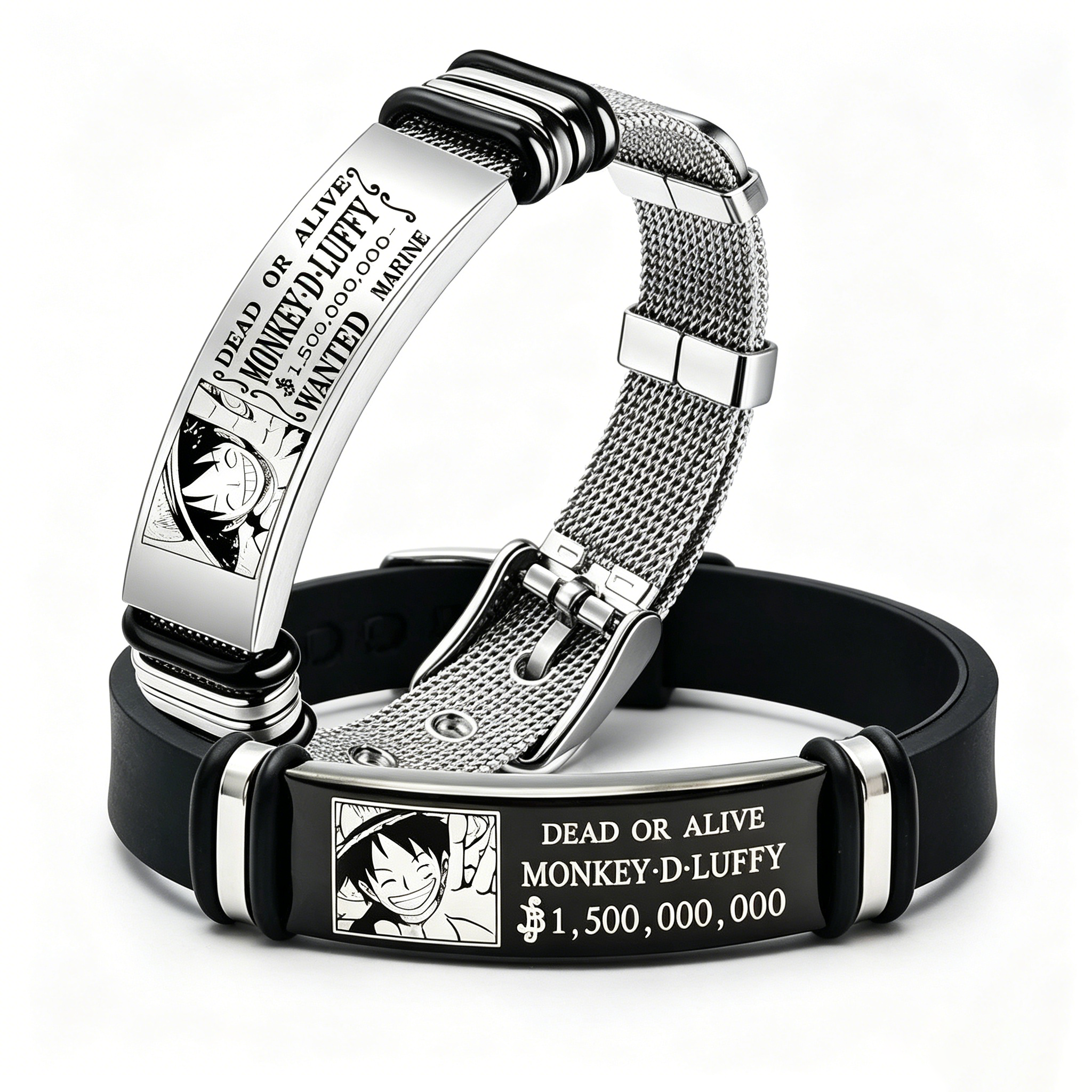 One Piece Luffy Wanted Bounty Bracelet, Monkey D Luffy Anime Stainless Steel Silicone Wristband