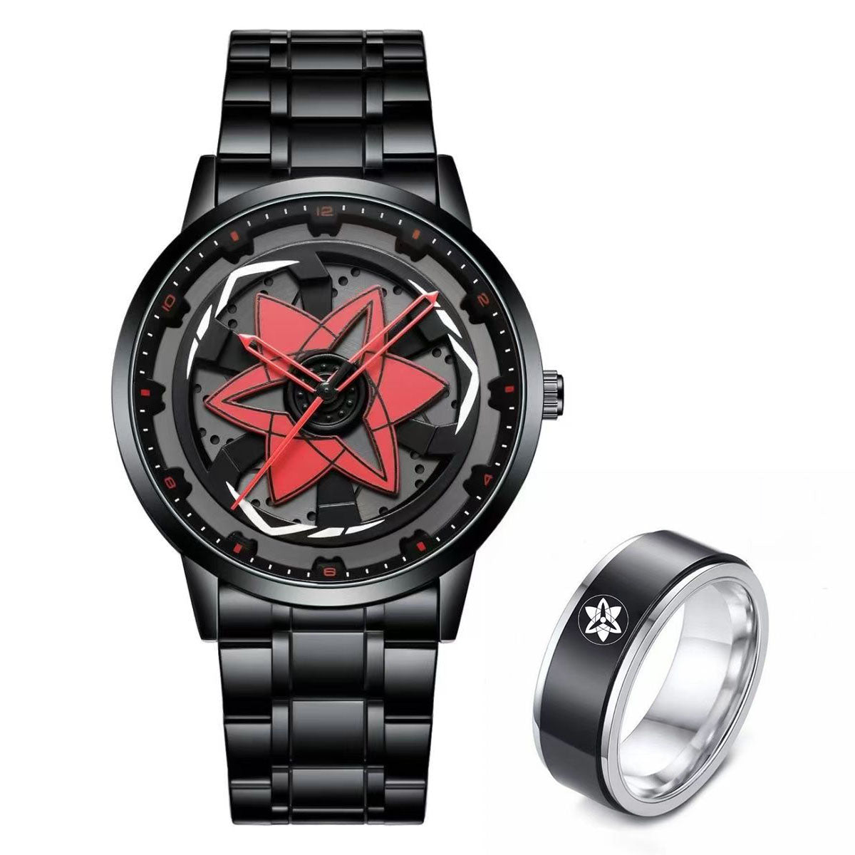 Naruto Sasuke Itachi Rotating Sharingan Watch Ring Set, Anime 360° Spinning Dial Stainless Steel Wrist Watch for Men