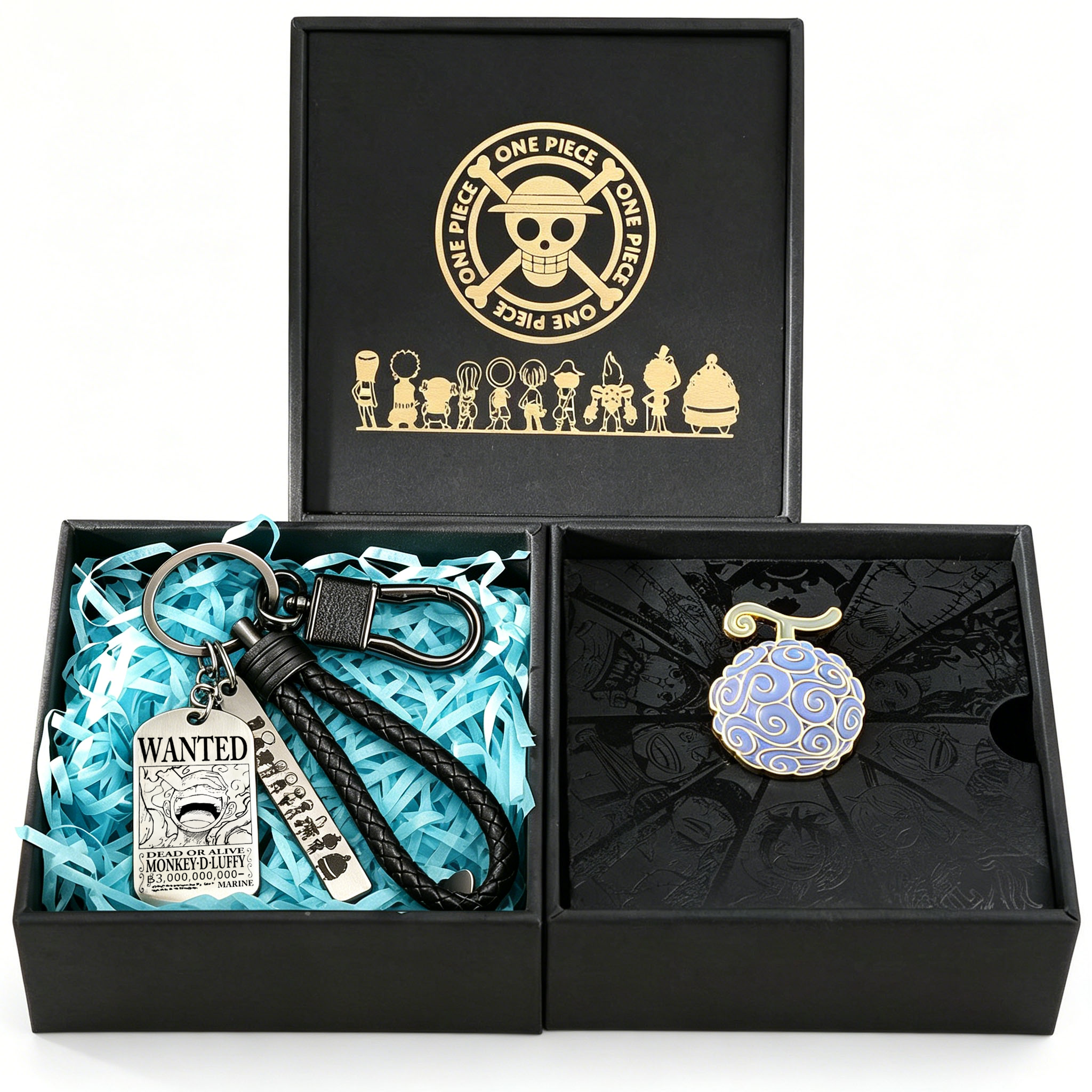 Porte-clés One Piece Luffy Ace Affiche Wanted & Épingle Fruit du Démon Coffret Cadeau, Porte-clés Anime en Métal avec Broche