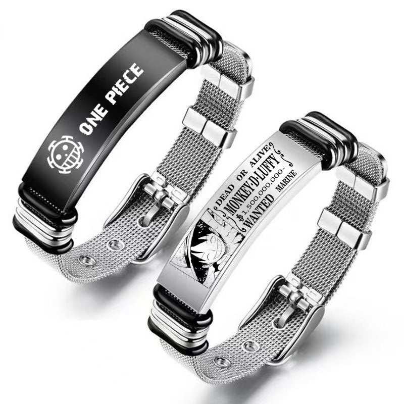 Bracelet en maille d'acier inoxydable avec poster de recherche gravé One Piece Monkey D. Luffy Roronoa Zoro, réglable, cadeau bijoux anime