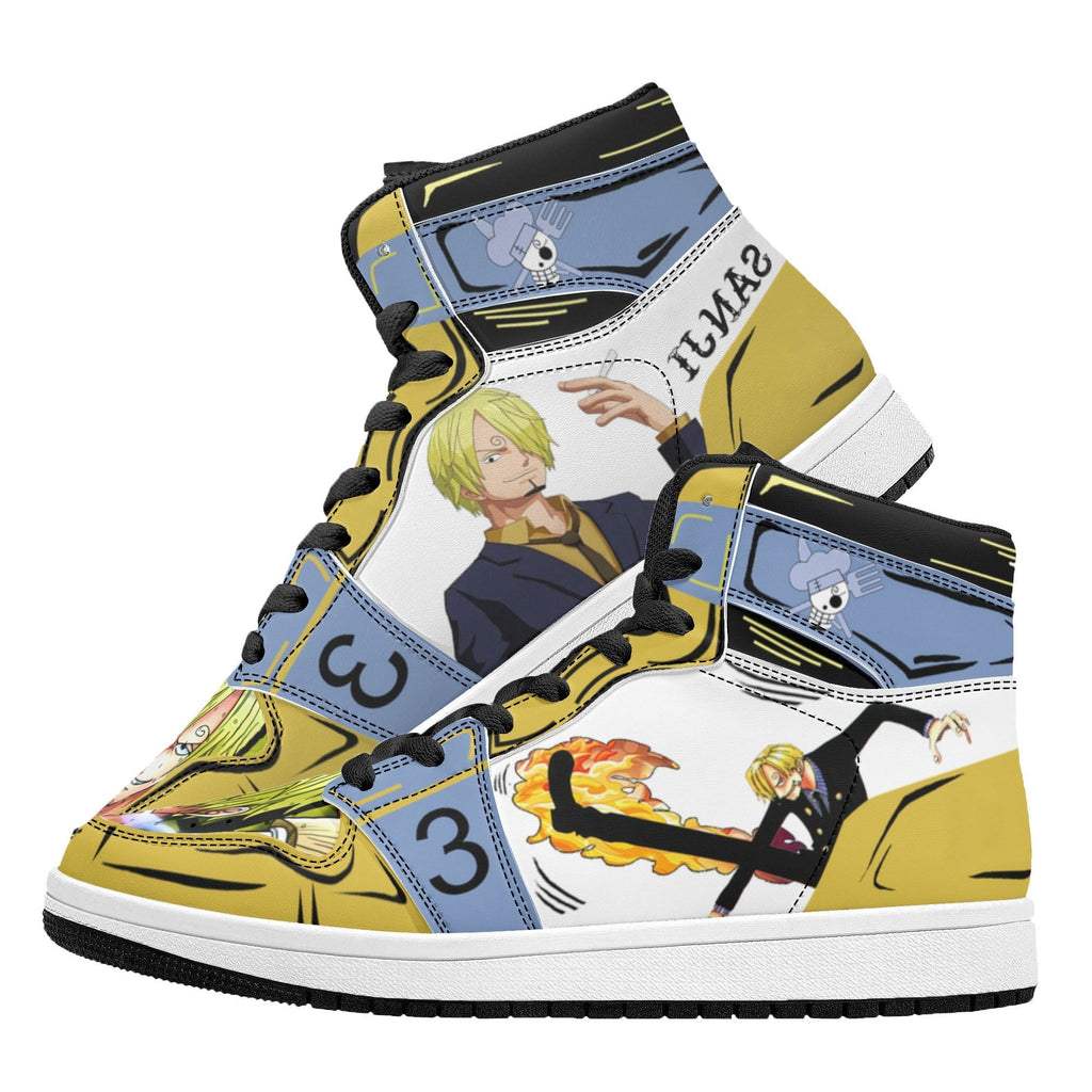 One Piece Sanji Fire Kick Graphic High Top Sports Sneakers, Yellow Blue Color Block Anime Character Streetwear Leather Shoes