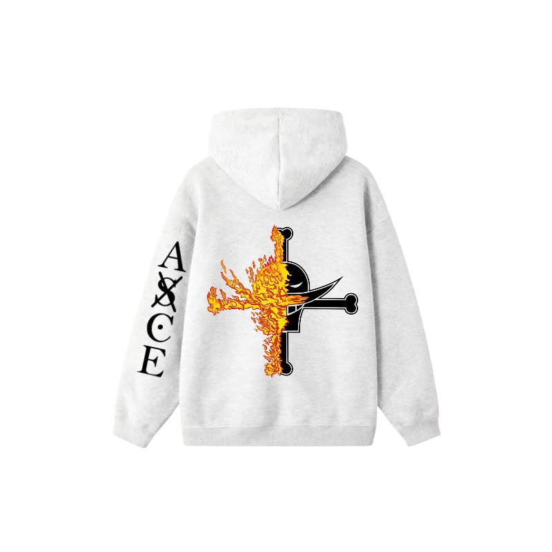 One Piece  Portgas D. Ace Embroidered Fleece Hoodie Warm Oversized Sweatshirt with Kangaroo Pocket