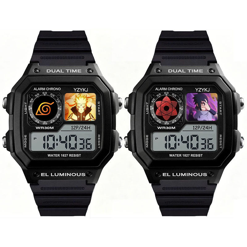 Naruto Sasuke Anime Digital Sports Watch, 30M Waterproof Dual Time EL Backlight Chronograph Wrist Watch