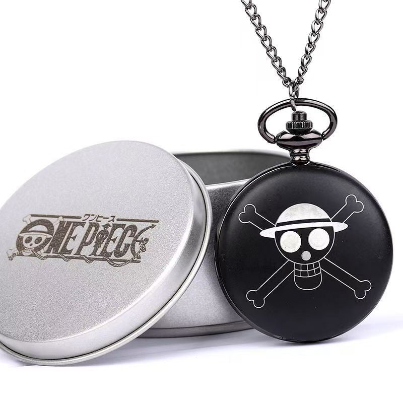 One Piece Monkey D Luffy Whitebeard Pocket Watch, Anime Pirate Skull Quartz Necklace Watch