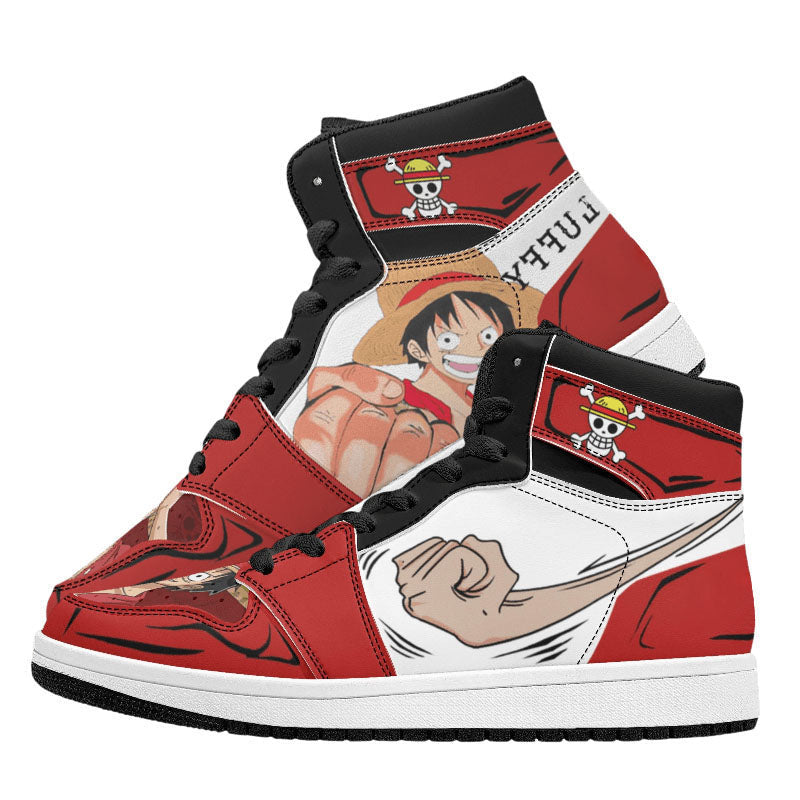 One Piece Monkey D. Luffy Anime Print High Top Sneakers, Red White Skull Logo Casual Streetwear Leather Skate Shoes