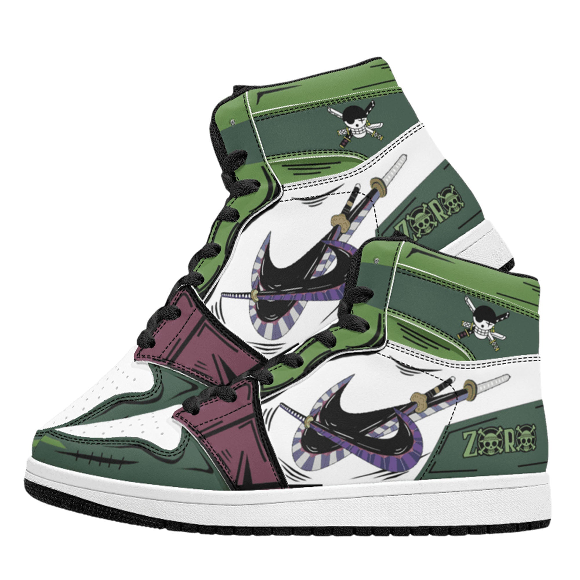 One Piece Roronoa Zoro Three Swords Style Anime Print High Top Sneakers, Straw Hat Pirates Skull Logo Casual Street Skate Shoes
