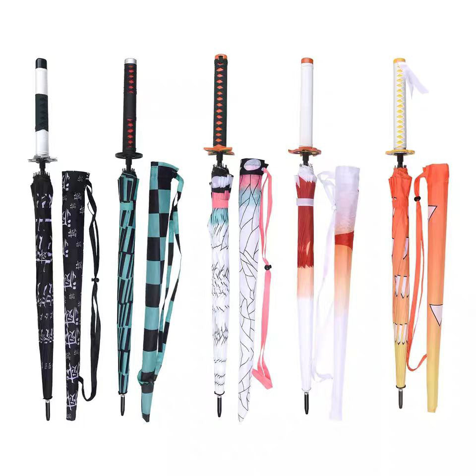 Demon Slayer Tanjiro Zenitsu Shinobu Katana Sword Handle Umbrella, Anime Pattern Windproof Straight Rain Sun Umbrella