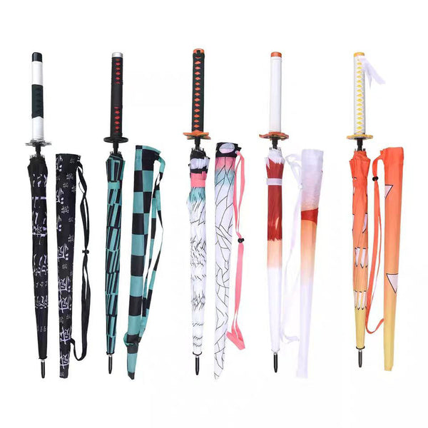 Demon Slayer Tanjiro Zenitsu Shinobu Katana Sword Handle Umbrella, Anime Pattern Windproof Straight Rain Sun Umbrella