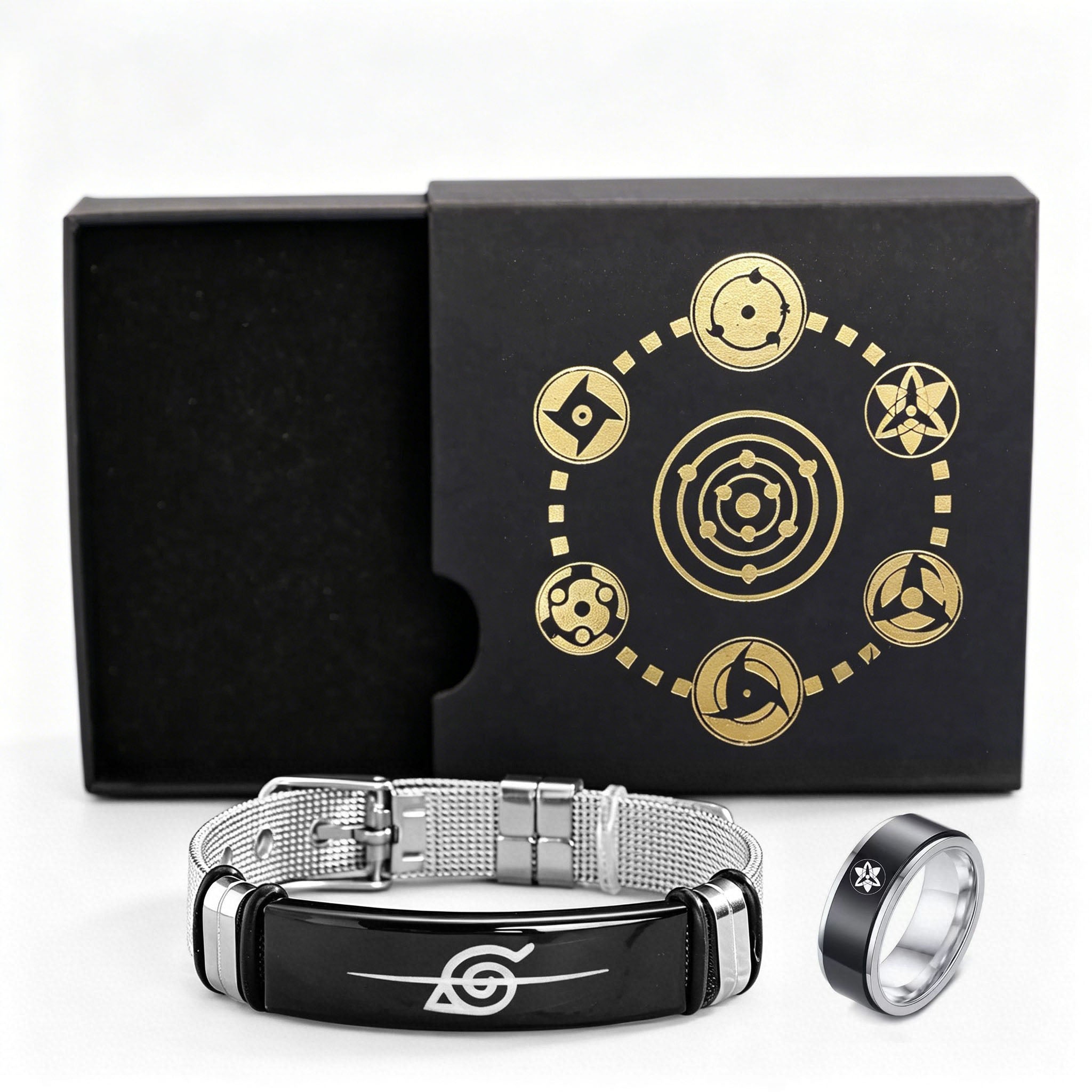 Naruto Sasuke Uchiha Sharingan Jewelry Set, Anime Bracelet & Ring Gift Box