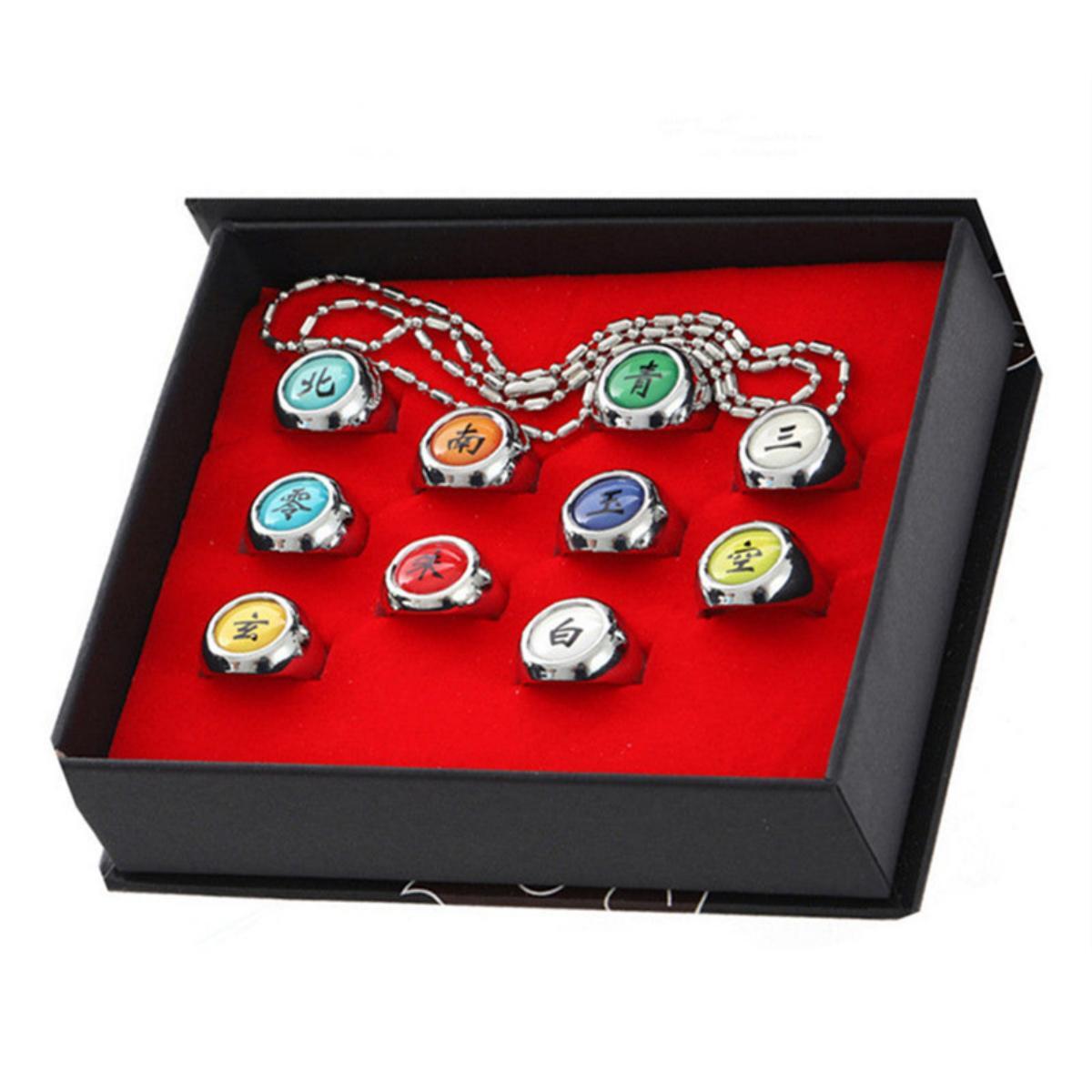 Naruto Itachi Pain Akatsuki Ring Set, 10Pcs Anime Akatsuki Symbol Rings with Necklace Gift Box