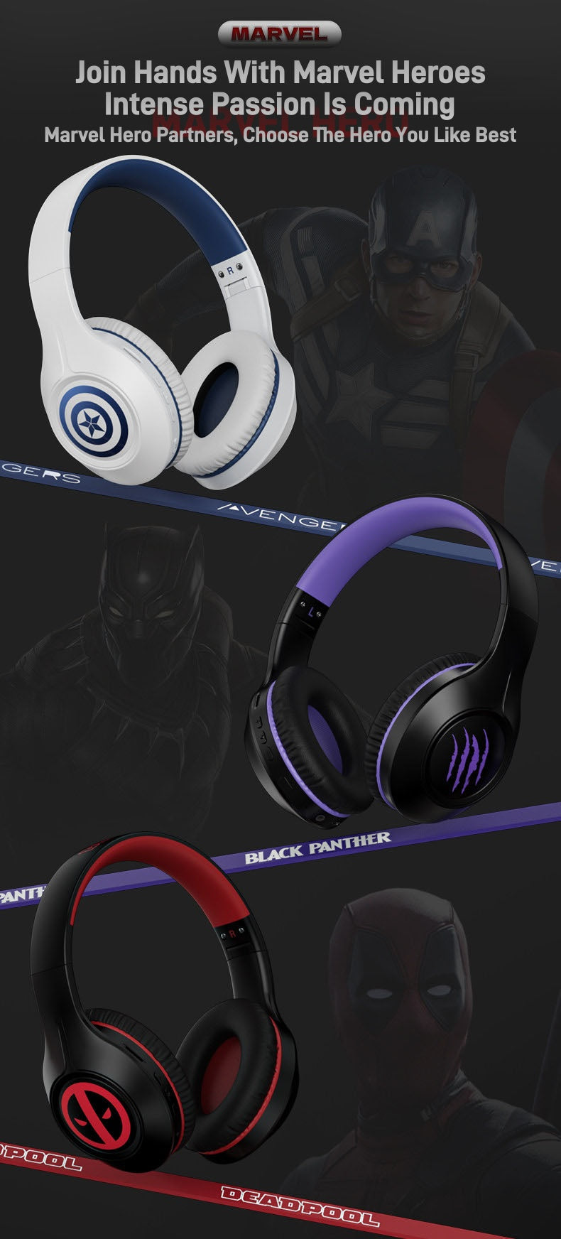 Casque sans fil Marvel Avengers Captain America Iron Man, Casque de jeu supra-auriculaire Bluetooth 5.4