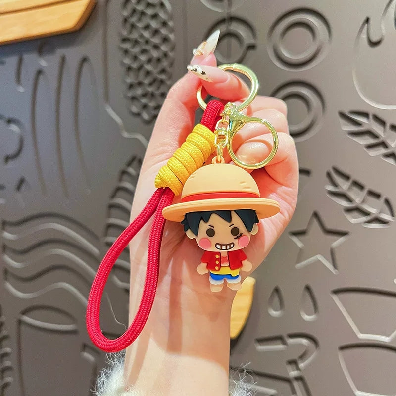 One Piece Luffy Zoro Cute 3D PVC Keychain, Anime Figure Key Ring with Braided Lanyard Pendant