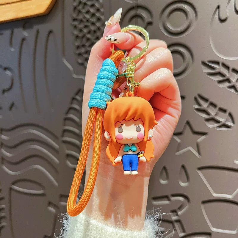 One Piece Luffy Zoro Cute 3D PVC Keychain, Anime Figure Key Ring with Braided Lanyard Pendant