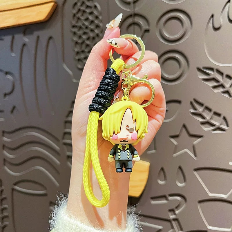 One Piece Luffy Zoro Cute 3D PVC Keychain, Anime Figure Key Ring with Braided Lanyard Pendant