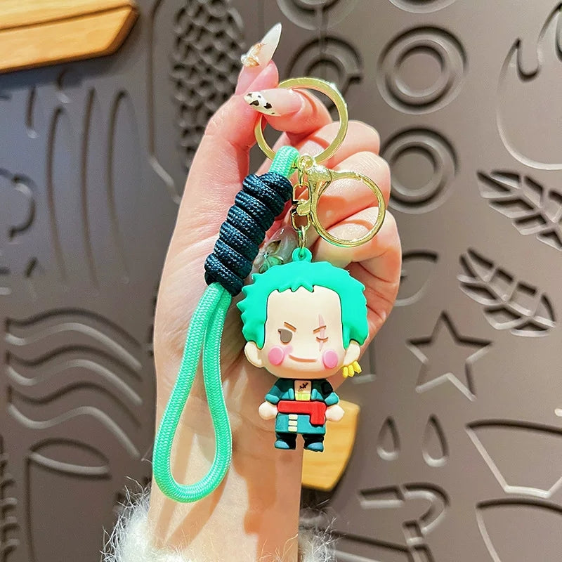 One Piece Luffy Zoro Cute 3D PVC Keychain, Anime Figure Key Ring with Braided Lanyard Pendant