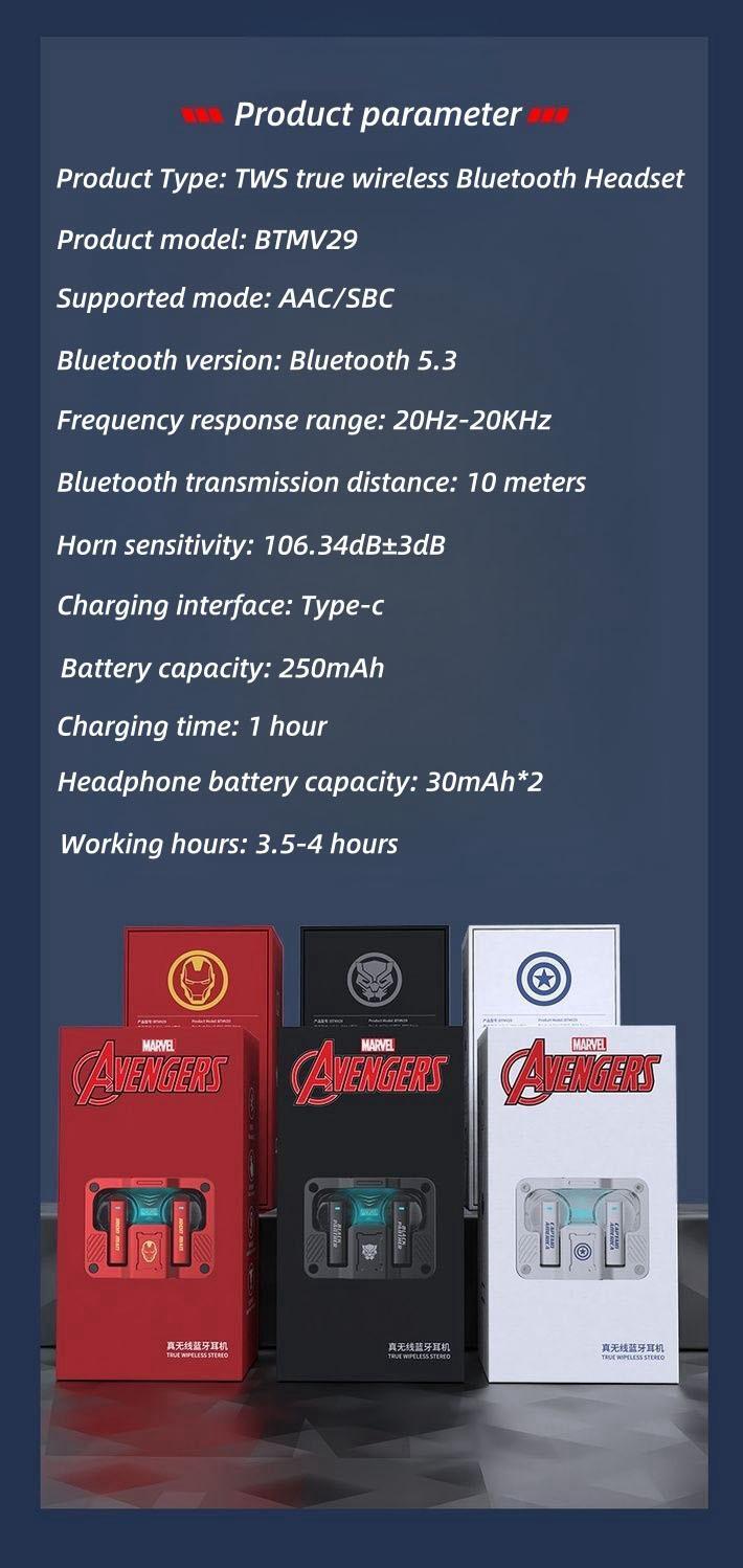Écouteurs sans fil Marvel Iron Man Captain America, Casque Bluetooth Marvel avec étui de recharge