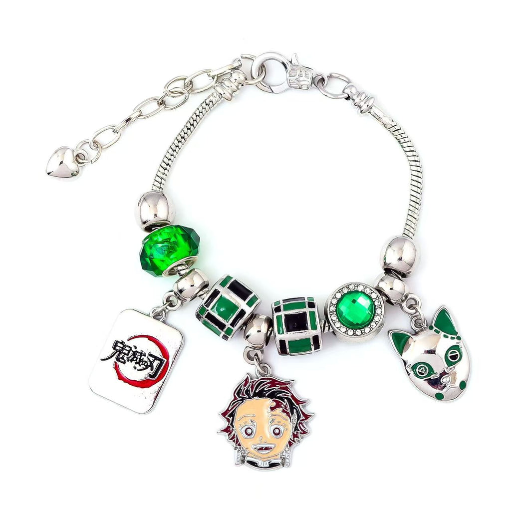 Demon Slayer Kamado Tanjiro Beaded Charm Bracelet, Adjustable Anime Chain