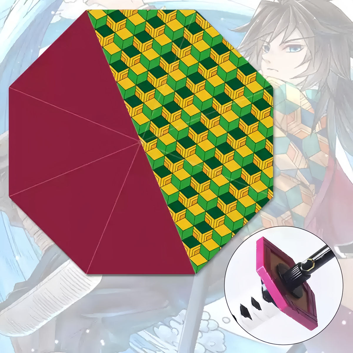 Demon Slayer Tanjiro Zenitsu Shinobu Katana Sword Handle Umbrella, Anime Pattern Windproof Straight Rain Sun Umbrella