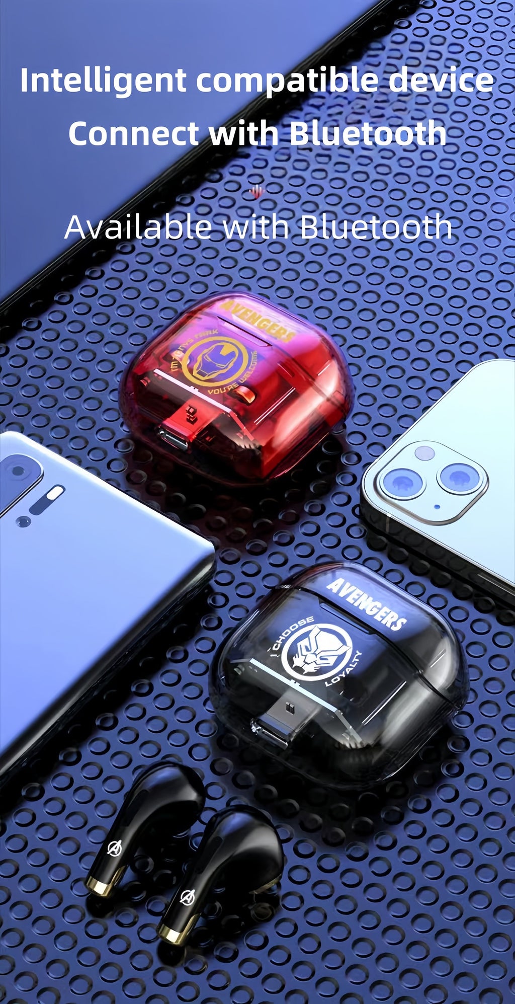 Marvel Iron Man Captain America TWS Wireless Gaming Earbuds, Transparent Case Bluetooth 5.3 Low Latency Headphones