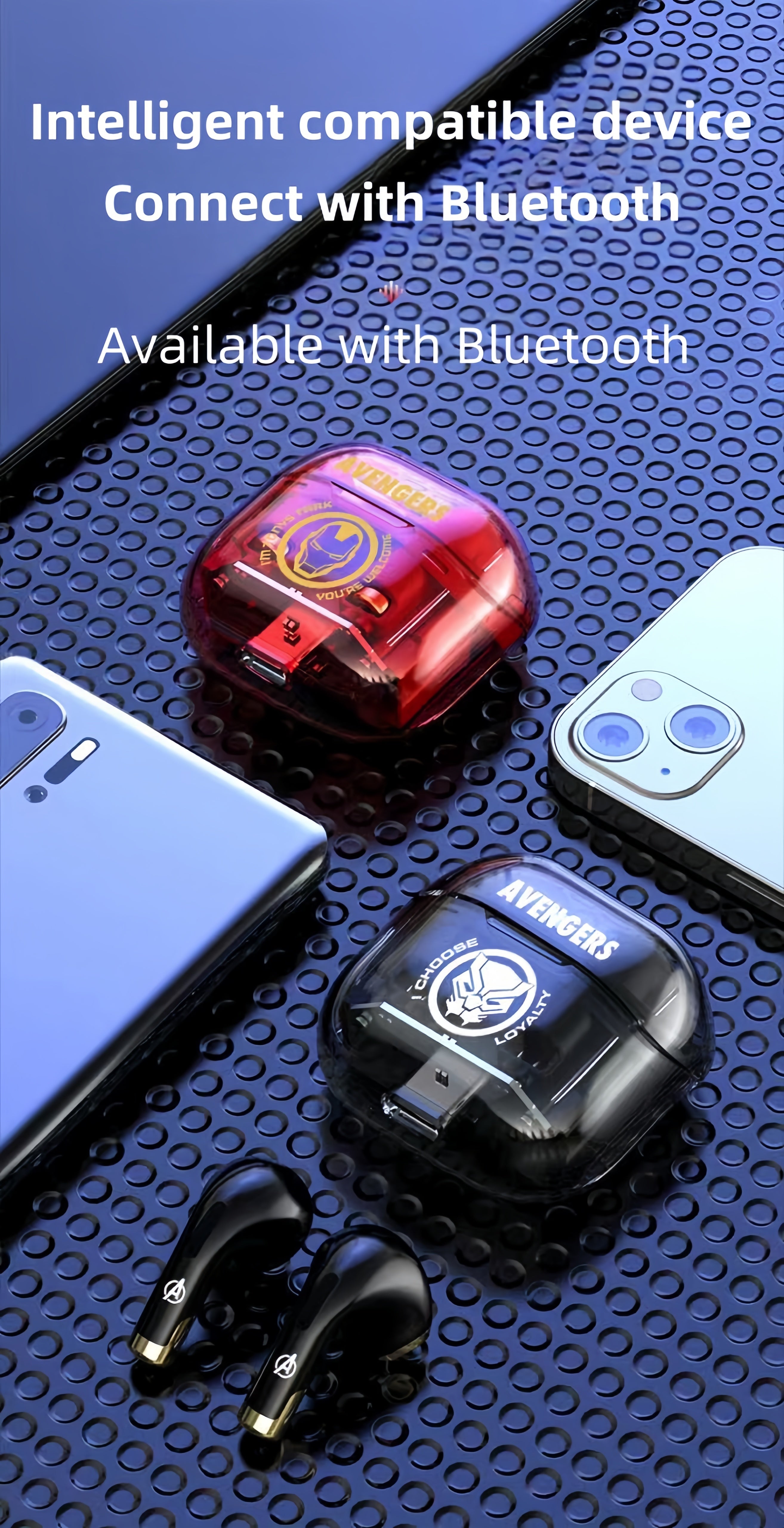 Marvel Iron Man Captain America TWS Wireless Gaming Earbuds, Transparent Case Bluetooth 5.3 Low Latency Headphones