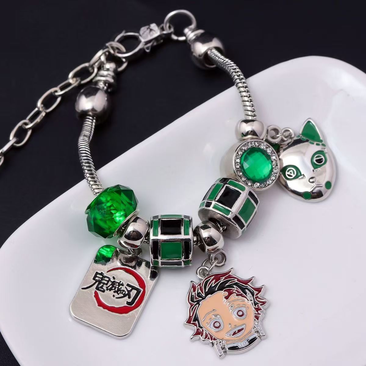 Demon Slayer Kamado Tanjiro Beaded Charm Bracelet, Adjustable Anime Chain
