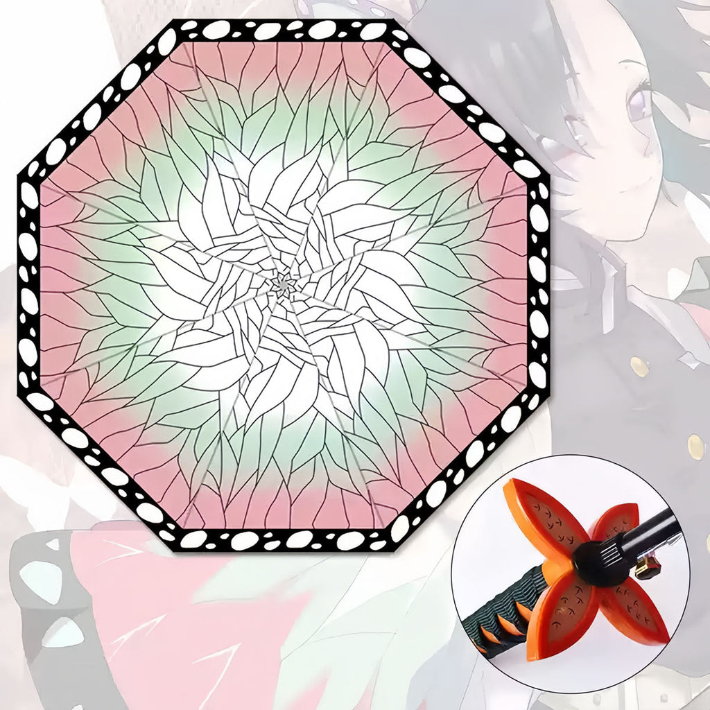 Demon Slayer Tanjiro Zenitsu Shinobu Katana Sword Handle Umbrella, Anime Pattern Windproof Straight Rain Sun Umbrella