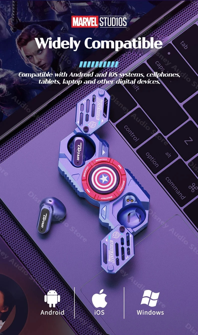 Écouteurs sans fil TWS Bluetooth 5.4 Marvel Iron Man Captain America Fidget Spinner, écouteurs sans fil à rabat magnétique Mecha en alliage de zinc