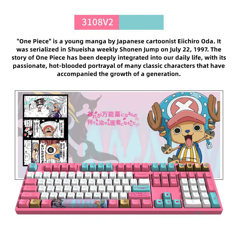 Clavier mécanique One Piece Chopper Luffy, clavier de jeu rose anime PBT à 108 touches avec touches personnalisées