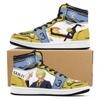 One Piece Sanji Fire Kick Graphic High Top Sports Sneakers, Yellow Blue Color Block Anime Character Streetwear Leather Shoes