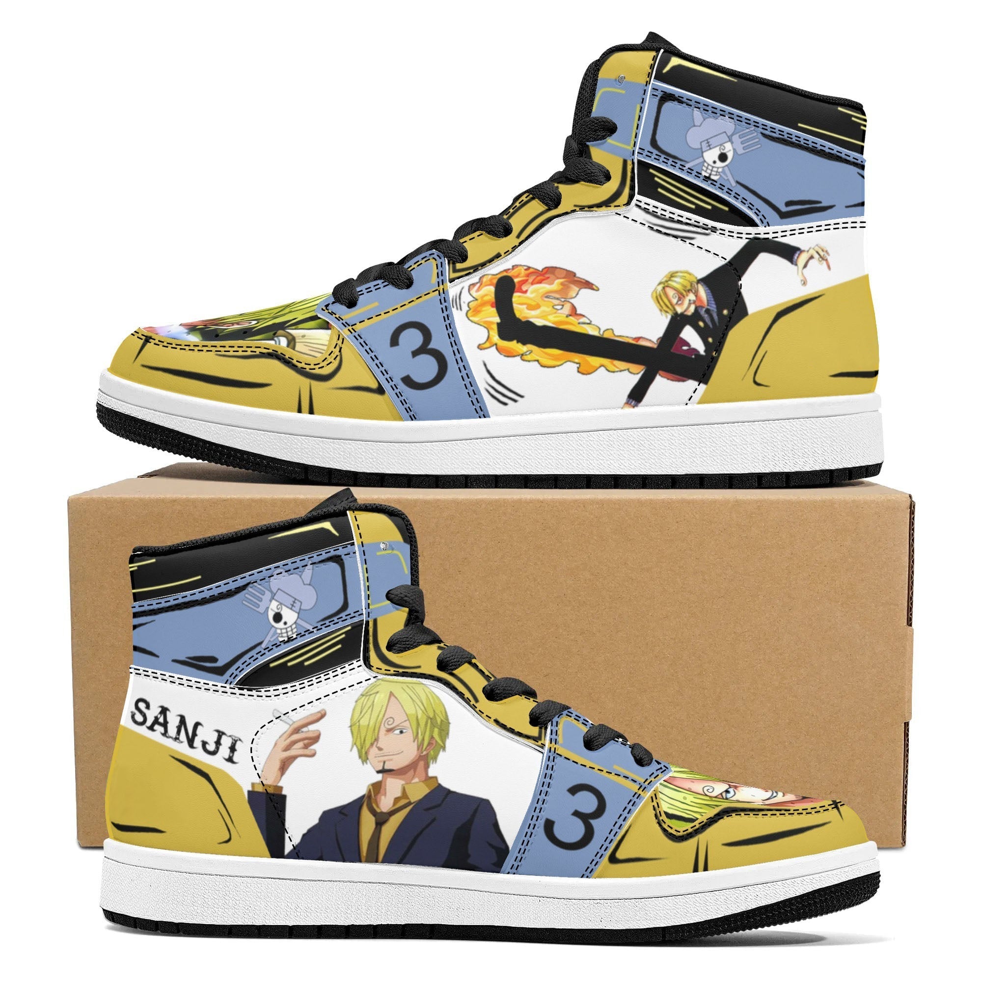 One Piece Sanji Fire Kick Graphic High Top Sports Sneakers, Yellow Blue Color Block Anime Character Streetwear Leather Shoes