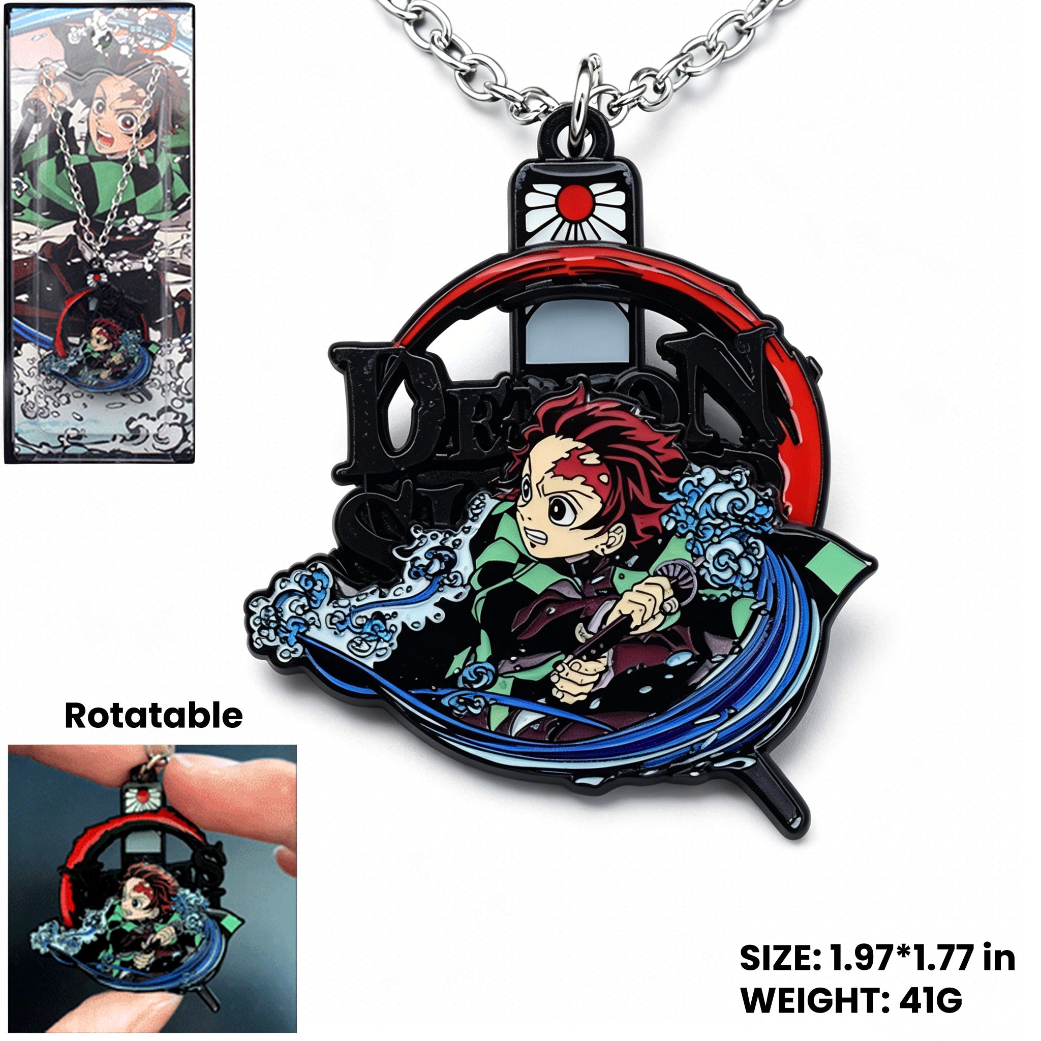 Demon Slayer Kamado Tanjiro Rotatable Keychain & Necklace, Anime Metal Pendant Jewelry Set