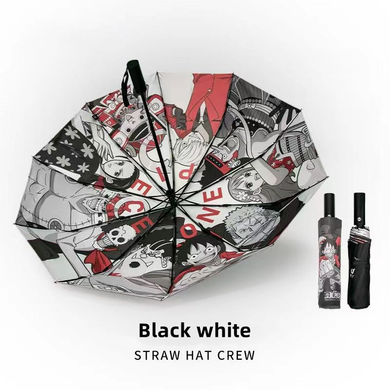 One Piece Monkey D Luffy Roronoa Zoro Automatic Folding Umbrella, Straw Hat Crew Anime Print Black Glue UV Protection Windproof Rain Sun Umbrella