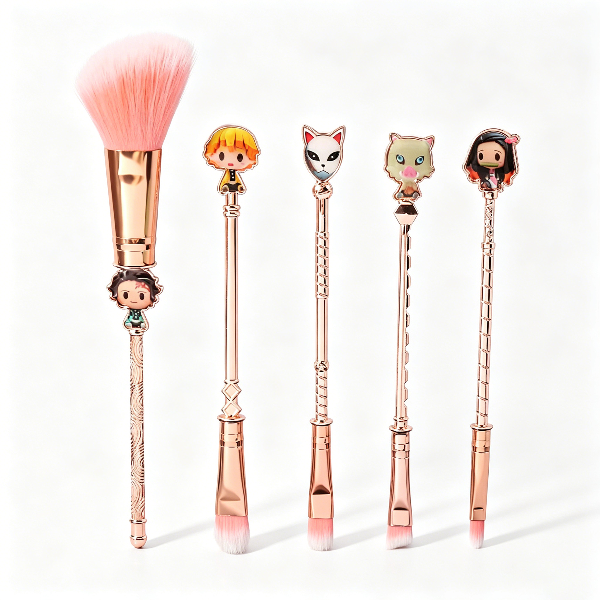Demon Slayer Tanjiro Nezuko 5 Pcs Trousse de pinceaux de maquillage Anime, brosses cosmétiques or rose avec pochette de rangement