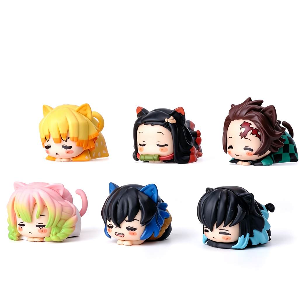 Figurines Chibi Oreilles de Chat Demon Slayer Nezuko Tanjiro, Ensemble de 6 Figurines d'Anime Endormies