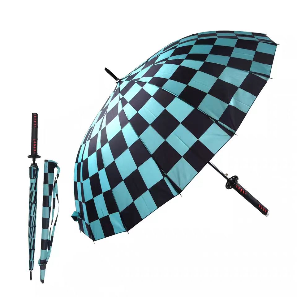 Demon Slayer Tanjiro Zenitsu Shinobu Katana Sword Handle Umbrella, Anime Pattern Windproof Straight Rain Sun Umbrella