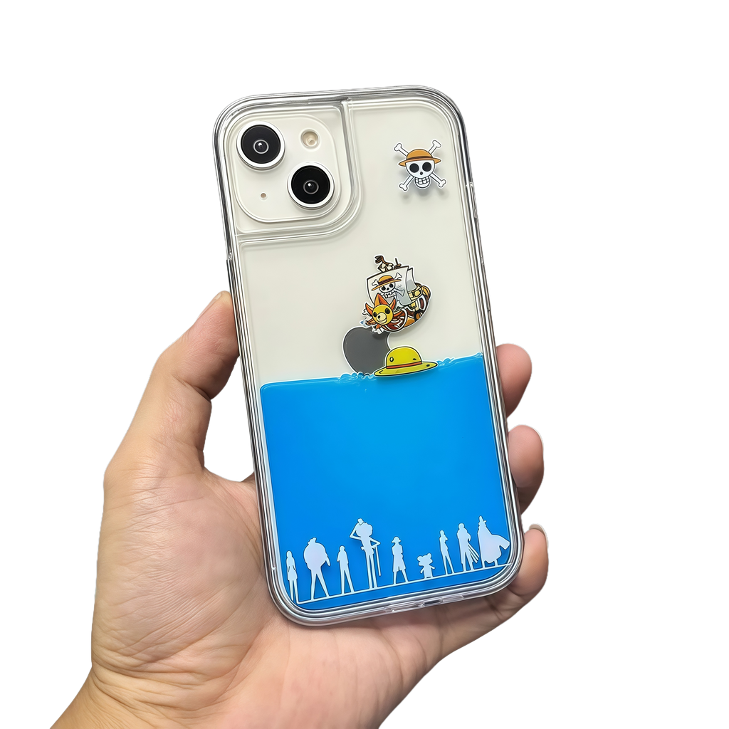 One Piece Thousand Sunny Liquid Quicksand Phone Case, Floating Straw Hat Pirates Design (iPhone 11-17 Pro Max)
