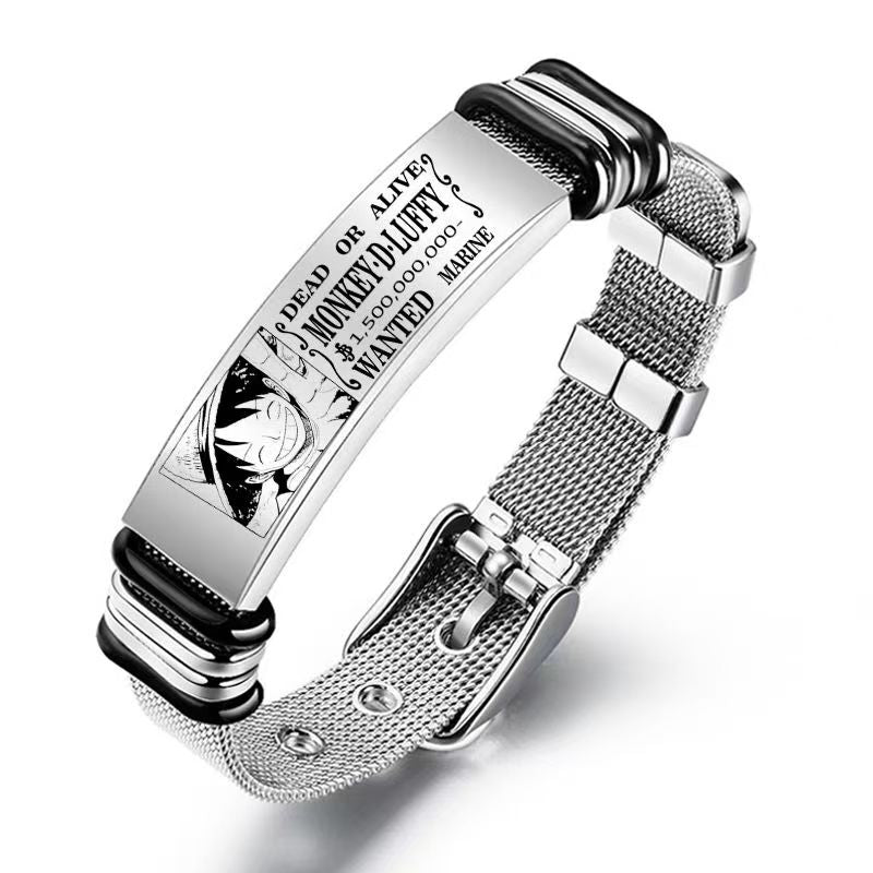 One Piece Luffy Wanted Bounty Bracelet, Monkey D Luffy Anime Stainless Steel Silicone Wristband